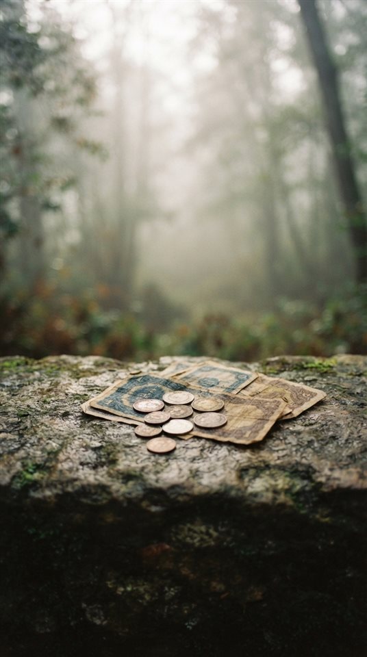 Cinematic film still of coins and banknotes, centered subject with a simple uncluttered composition, misty morning haze, dreamy, 9:16 aspect ratio