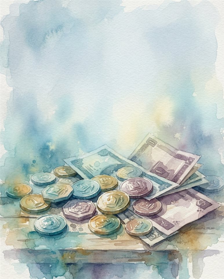 Watercolor illustration of coins and banknotes, wide shot with open space at the top for text, misty morning haze, dreamy, 4:5 aspect ratio