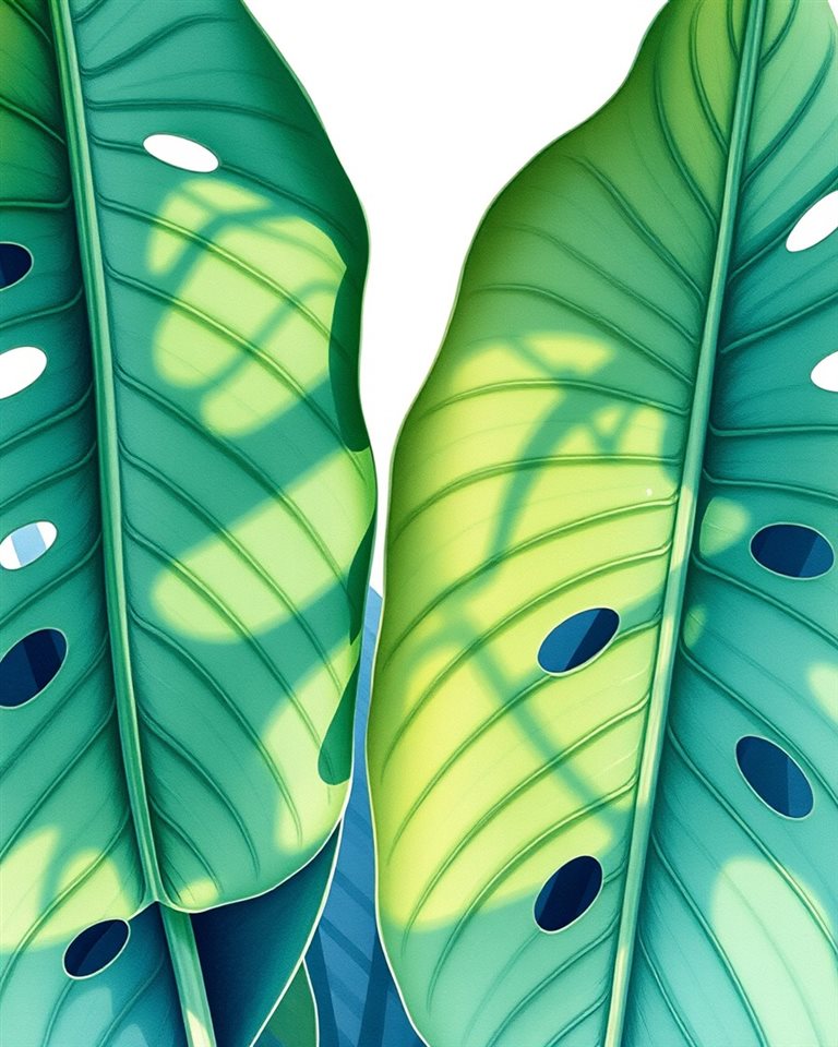 Watercolor illustration of Vibrant green monstera leaves with unique natural holes casting tropical shadows, close-up detail with shallow depth of field, cool blue tones, quiet atmosphere, 4:5 aspect ratio