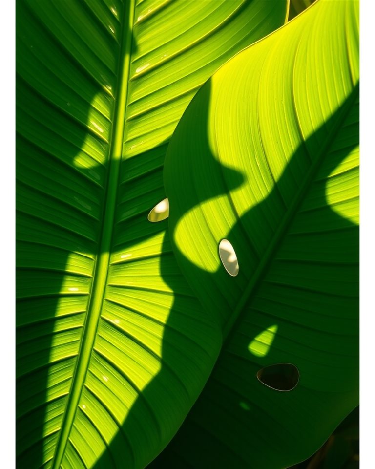 Cinematic film still of Vibrant green monstera leaves with unique natural holes casting tropical shadows, close-up detail with shallow depth of field, vivid colors, high contrast, energetic, 4:5 aspect ratio