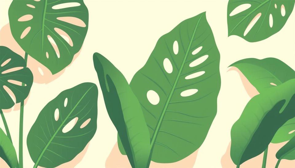 Minimal flat illustration of Vibrant green monstera leaves with unique natural holes casting tropical shadows, wide shot with open space at the top for text, soft pastel colors, bright and cozy, 16:9 aspect ratio