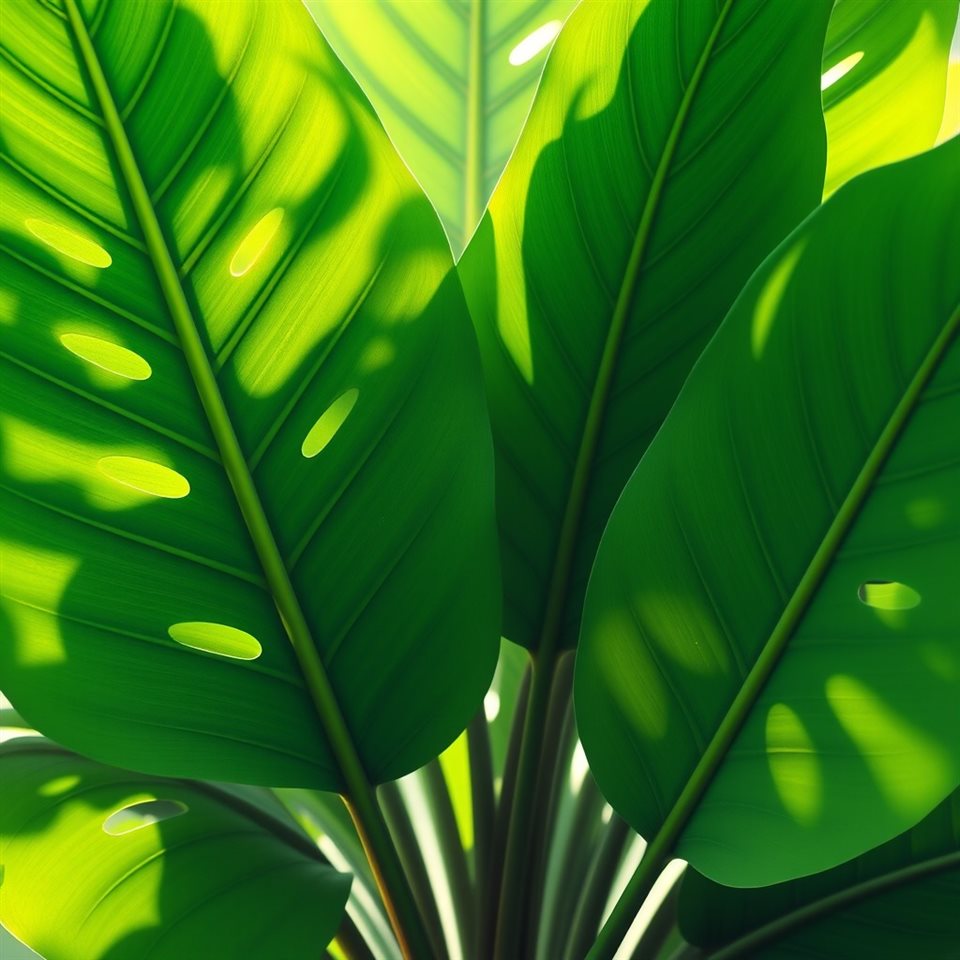 Soft 3D render of Vibrant green monstera leaves with unique natural holes casting tropical shadows, centered subject with a simple uncluttered composition, misty morning haze, dreamy, 1:1 aspect ratio