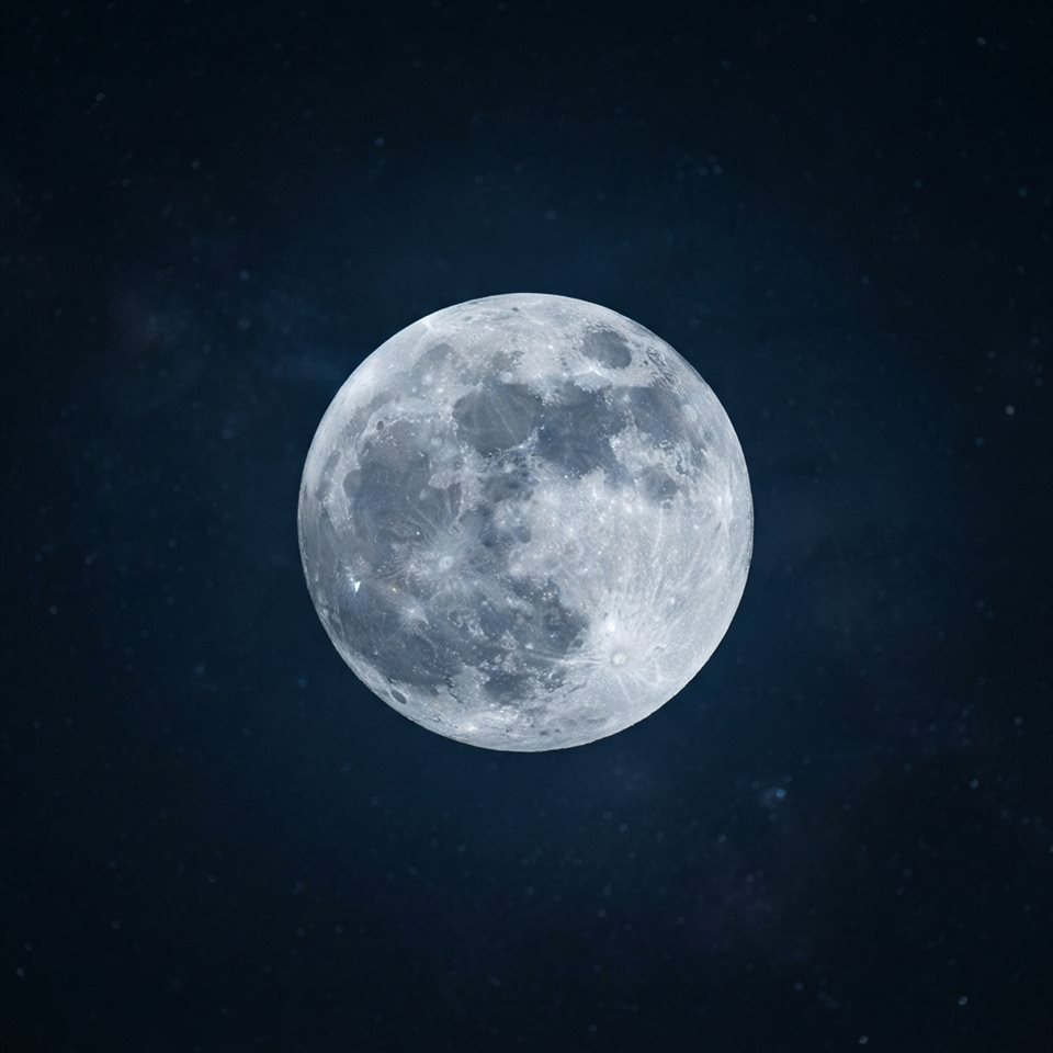 Photorealistic photo of full moon in the night sky, close-up detail with shallow depth of field, cool blue tones, quiet atmosphere, 1:1 aspect ratio