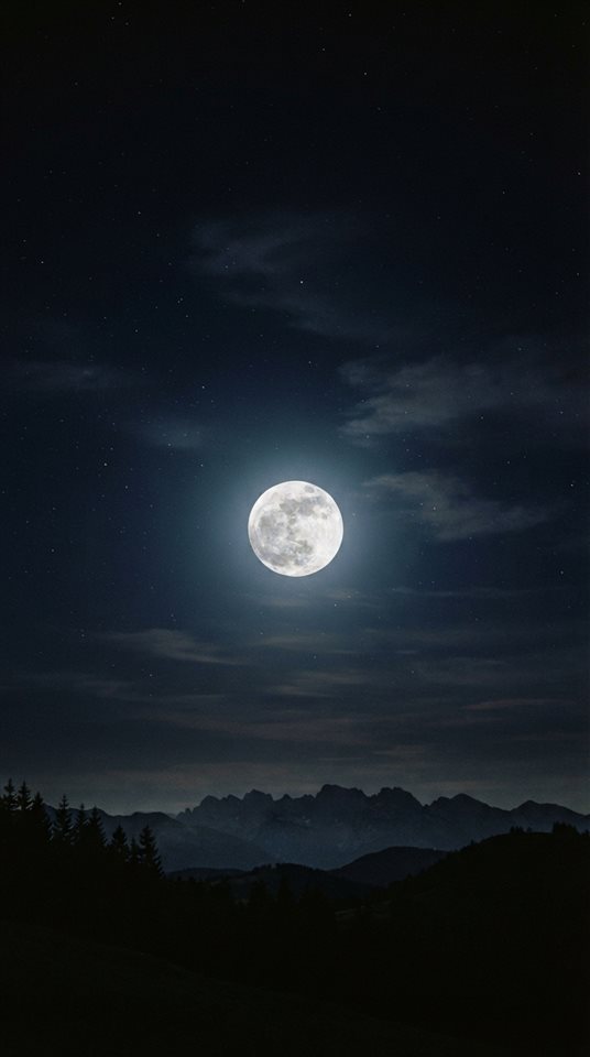 Cinematic film still of full moon in the night sky, centered subject with a simple uncluttered composition, vivid colors, high contrast, energetic, 9:16 aspect ratio