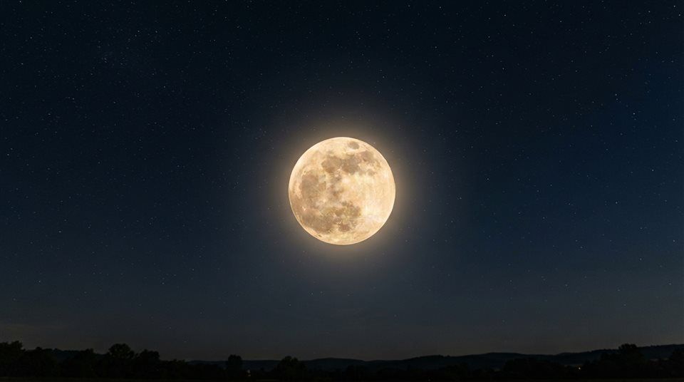 Photorealistic photo of full moon in the night sky, centered subject with a simple uncluttered composition, warm golden light, calm mood, 16:9 aspect ratio