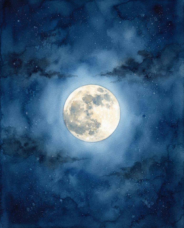 Watercolor illustration of full moon in the night sky, centered subject with a simple uncluttered composition, cool blue tones, quiet atmosphere, 4:5 aspect ratio