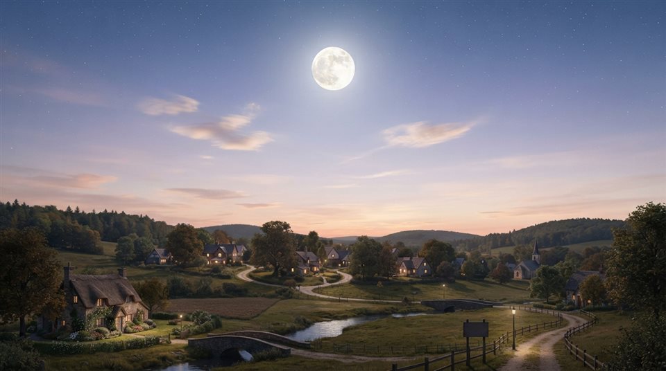 Photorealistic photo of full moon in the night sky, wide shot with open space at the top for text, soft pastel colors, bright and cozy, 16:9 aspect ratio