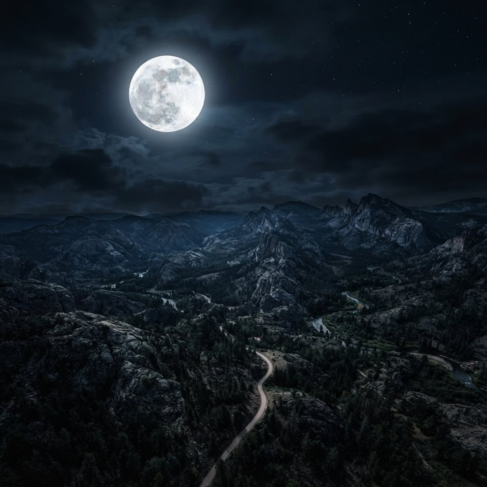 Photorealistic photo of full moon in the night sky, high-angle view from above, moody dark tones, dramatic lighting, 1:1 aspect ratio
