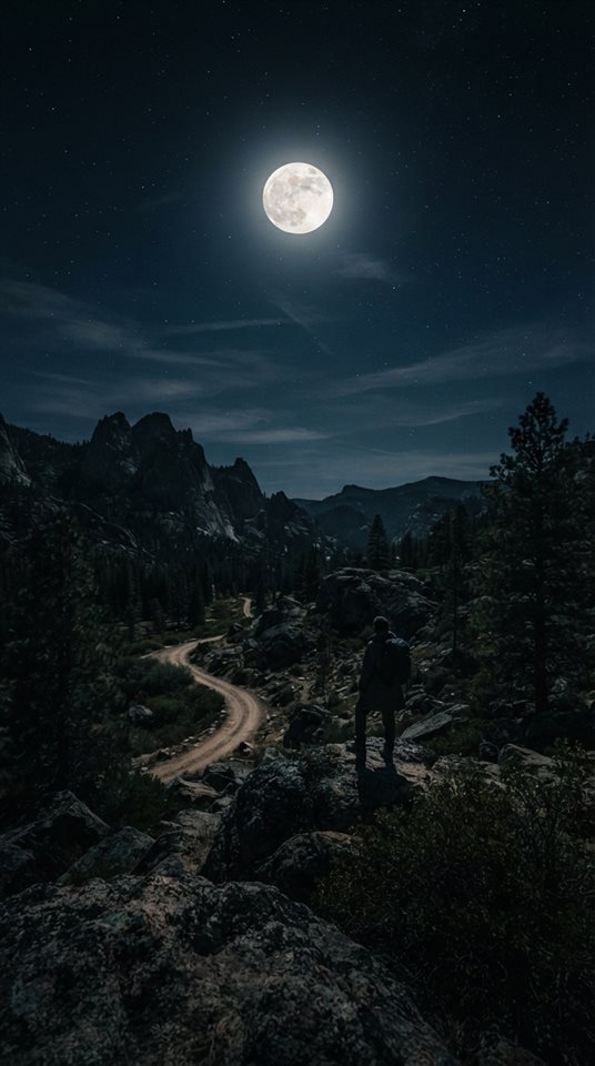 Cinematic film still of full moon in the night sky, wide shot with open space at the top for text, moody dark tones, dramatic lighting, 9:16 aspect ratio