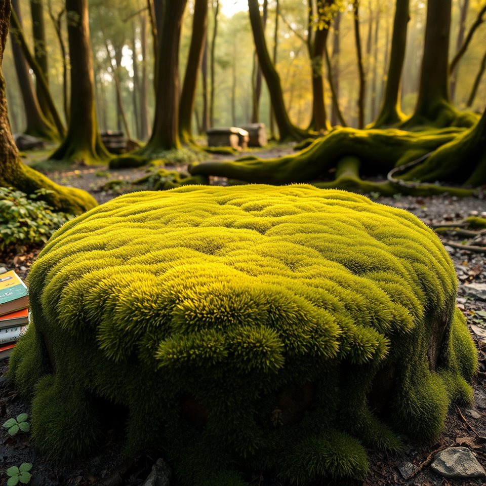 Photorealistic photo of A lush, vibrant green carpet of moss covering an ancient stone surface in a damp forest, centered subject with a simple uncluttered composition, warm golden light, calm mood, 1:1 aspect ratio