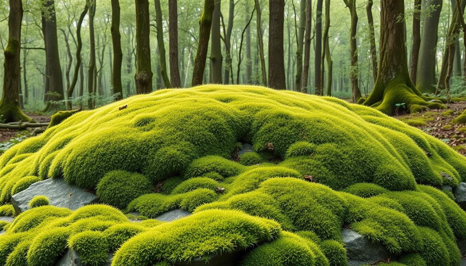 Minimal flat illustration of A lush, vibrant green carpet of moss covering an ancient stone surface in a damp forest, wide shot with open space at the top for text, soft pastel colors, bright and cozy, 16:9 aspect ratio