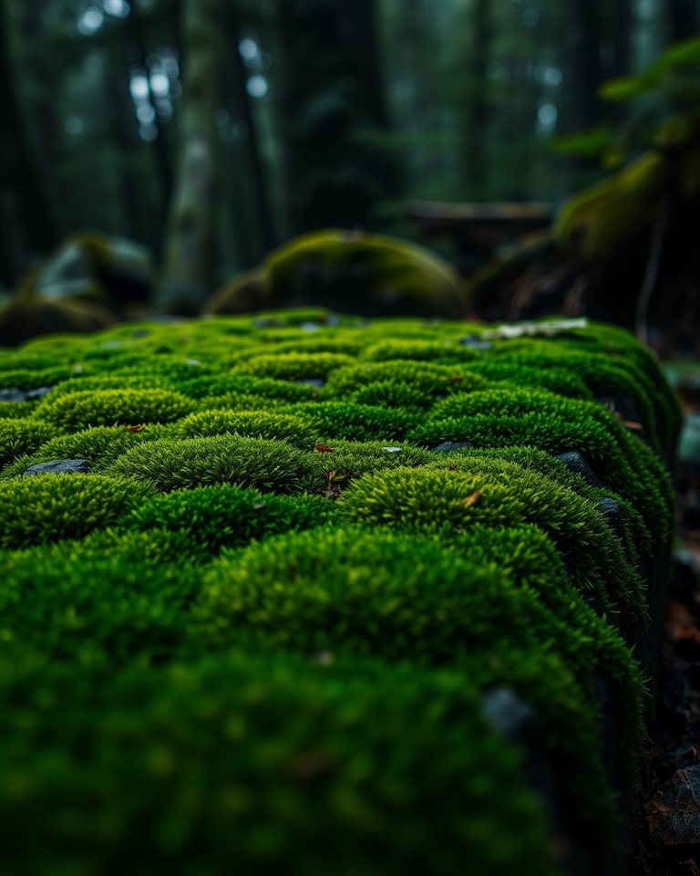Photorealistic photo of A lush, vibrant green carpet of moss covering an ancient stone surface in a damp forest, close-up detail with shallow depth of field, moody dark tones, dramatic lighting, 4:5 aspect ratio