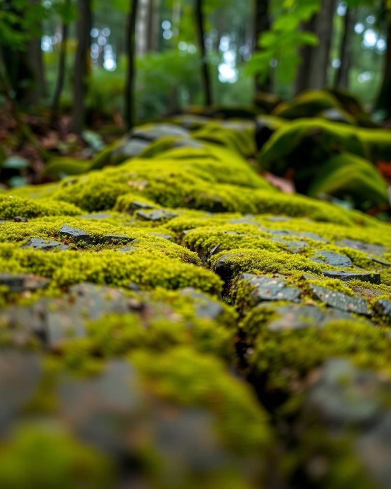 Cinematic film still of A lush, vibrant green carpet of moss covering an ancient stone surface in a damp forest, close-up detail with shallow depth of field, vivid colors, high contrast, energetic, 4:5 aspect ratio