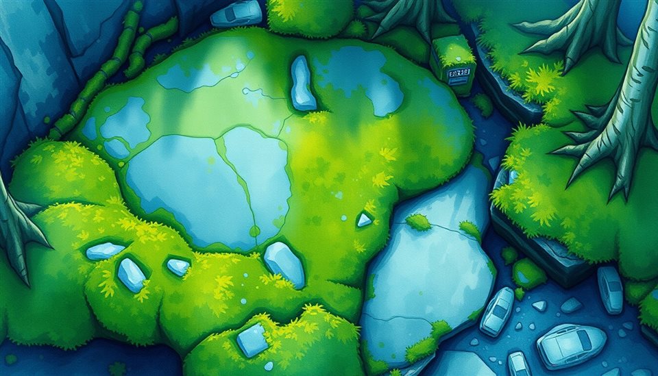 Watercolor illustration of A lush, vibrant green carpet of moss covering an ancient stone surface in a damp forest, high-angle view from above, cool blue tones, quiet atmosphere, 16:9 aspect ratio