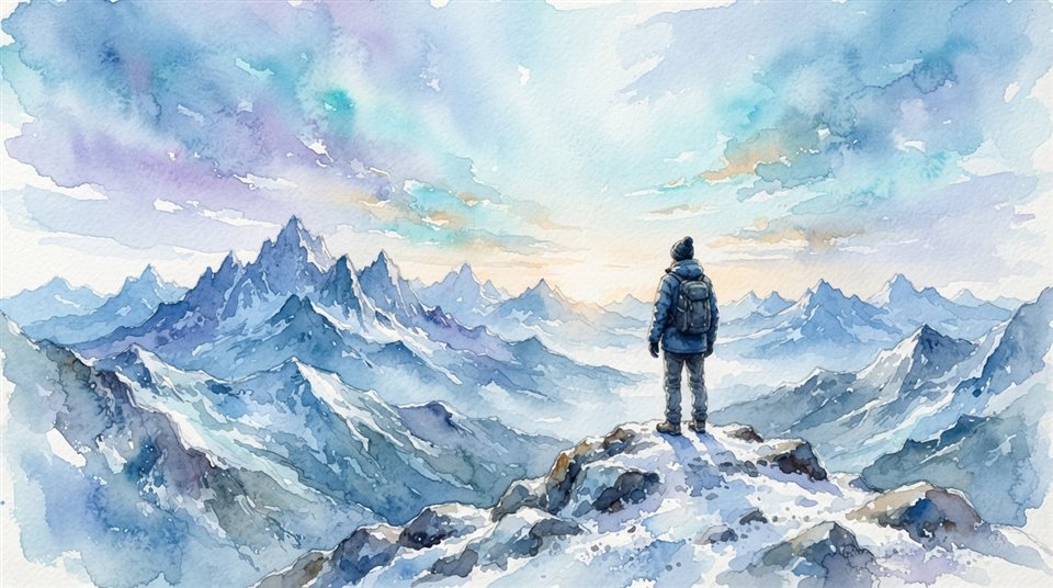 Watercolor illustration of person standing on a mountain peak at sunrise seen from behind, wide shot with open space at the top for text, cool blue tones, quiet atmosphere, 16:9 aspect ratio