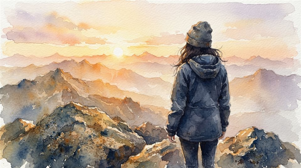 Watercolor illustration of person standing on a mountain peak at sunrise seen from behind, close-up detail with shallow depth of field, warm golden light, calm mood, 16:9 aspect ratio