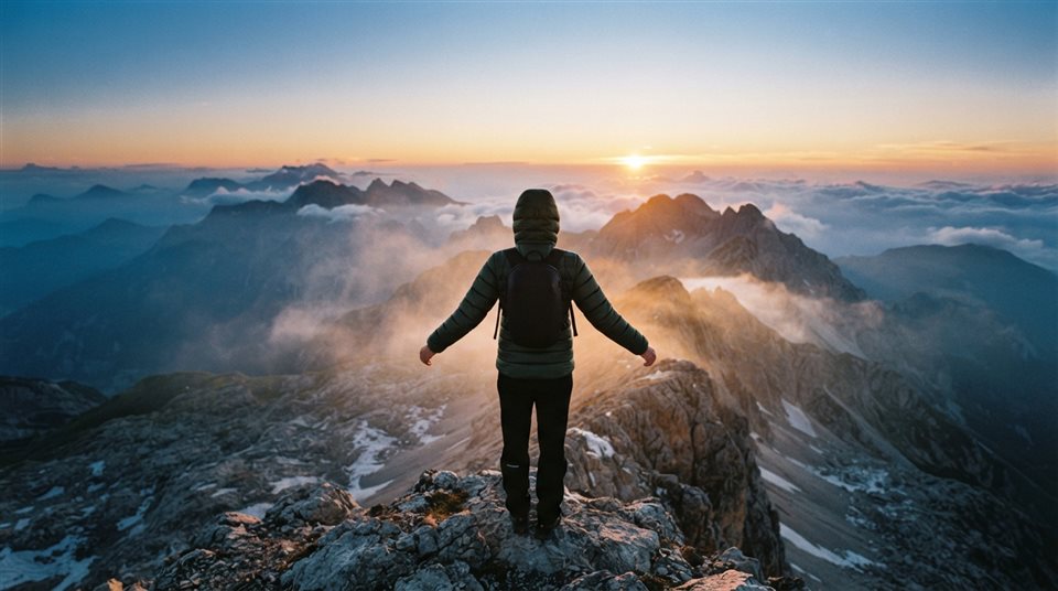 Cinematic film still of person standing on a mountain peak at sunrise seen from behind, high-angle view from above, warm golden light, calm mood, 16:9 aspect ratio