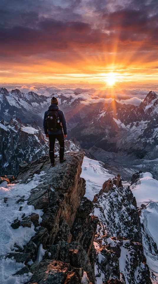 Photorealistic photo of person standing on a mountain peak at sunrise seen from behind, high-angle view from above, vivid colors, high contrast, energetic, 9:16 aspect ratio