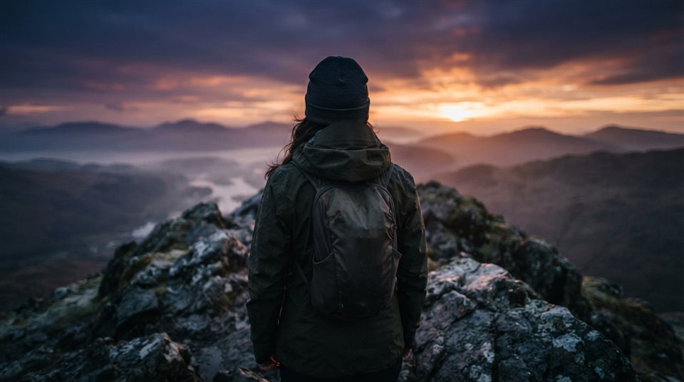 Photorealistic photo of person standing on a mountain peak at sunrise seen from behind, close-up detail with shallow depth of field, moody dark tones, dramatic lighting, 16:9 aspect ratio