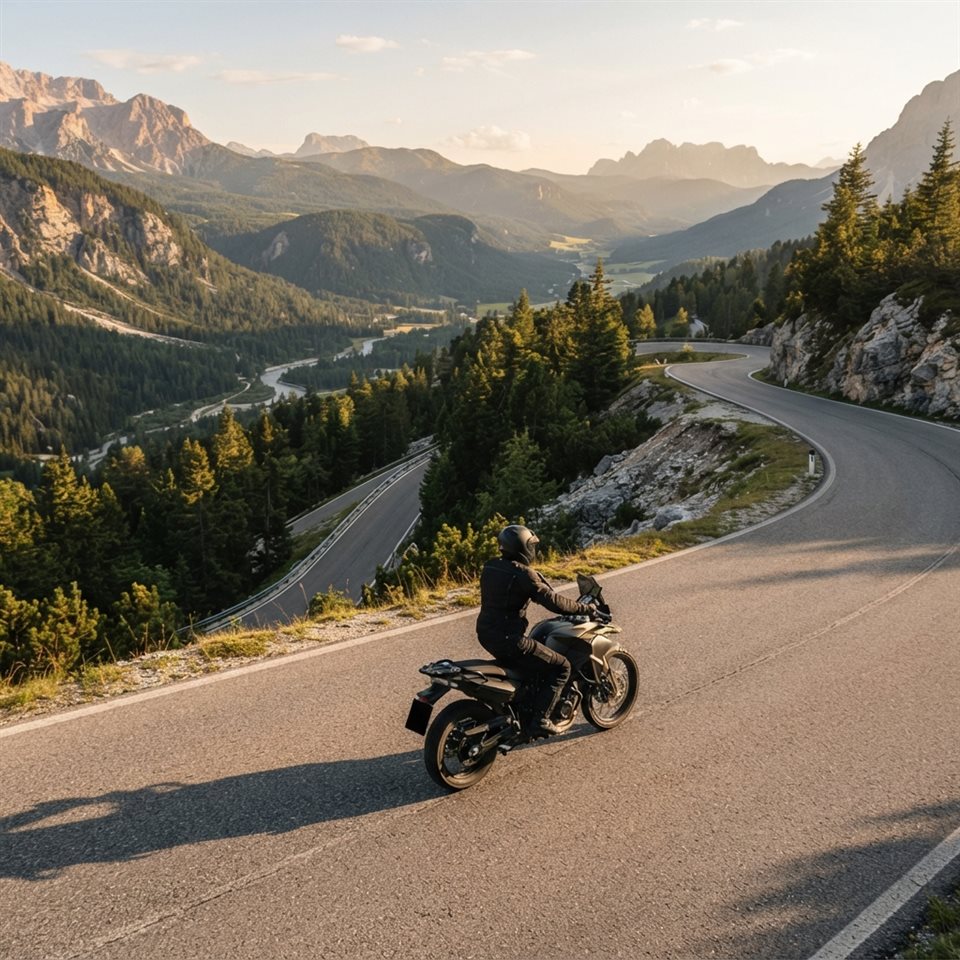 Photorealistic photo of a motorcycle on a mountain road, high-angle view from above, warm golden light, calm mood, 1:1 aspect ratio