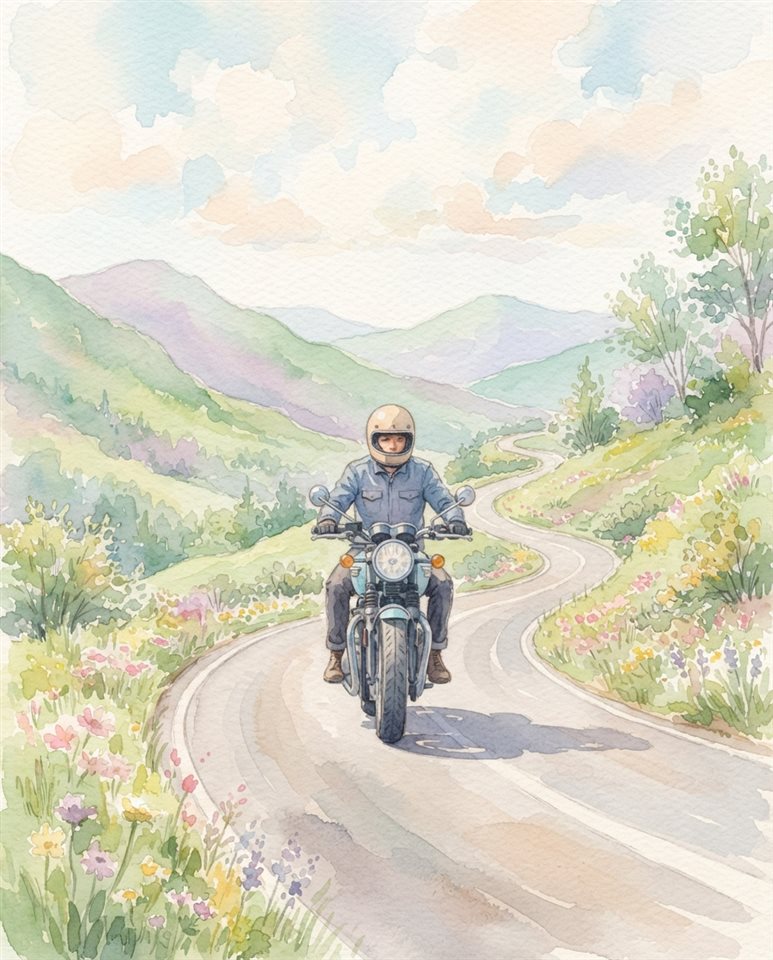 Watercolor illustration of a motorcycle on a mountain road, centered subject with a simple uncluttered composition, soft pastel colors, bright and cozy, 4:5 aspect ratio