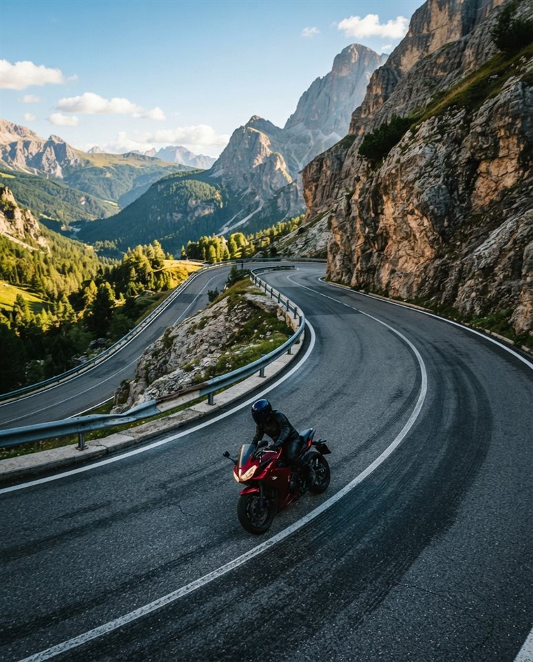 Cinematic film still of a motorcycle on a mountain road, high-angle view from above, vivid colors, high contrast, energetic, 4:5 aspect ratio