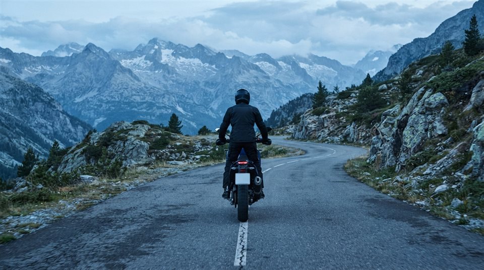 Photorealistic photo of a motorcycle on a mountain road, centered subject with a simple uncluttered composition, cool blue tones, quiet atmosphere, 16:9 aspect ratio