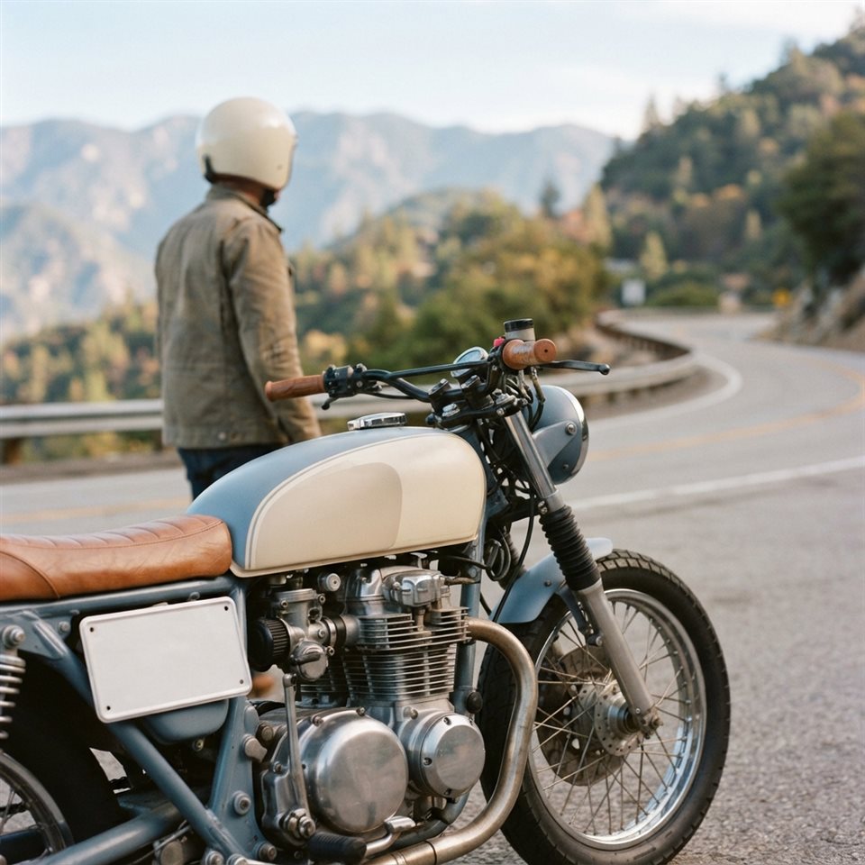 Photorealistic photo of a motorcycle on a mountain road, close-up detail with shallow depth of field, soft pastel colors, bright and cozy, 1:1 aspect ratio