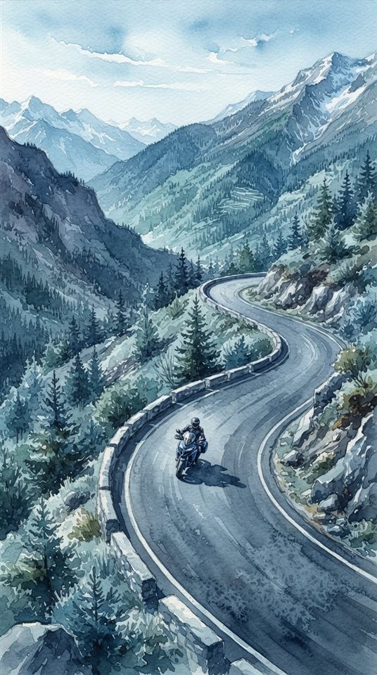 Watercolor illustration of a motorcycle on a mountain road, high-angle view from above, cool blue tones, quiet atmosphere, 9:16 aspect ratio