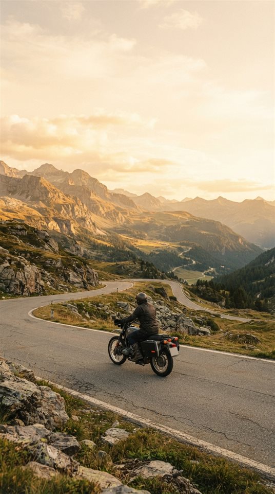 Cinematic film still of a motorcycle on a mountain road, wide shot with open space at the top for text, warm golden light, calm mood, 9:16 aspect ratio