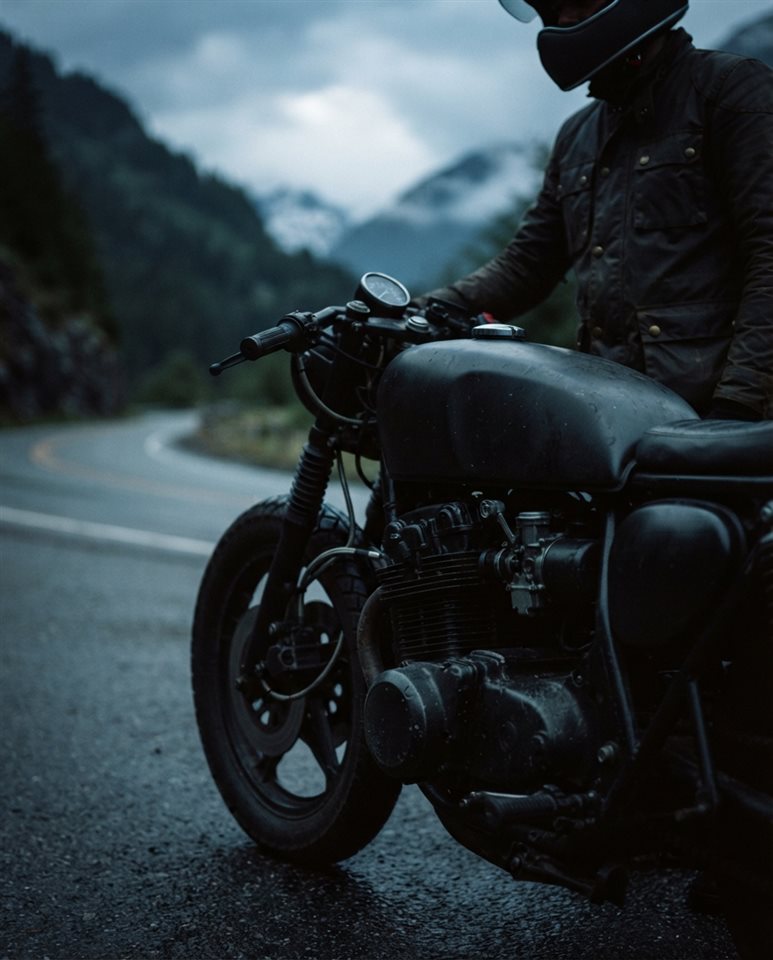 Cinematic film still of a motorcycle on a mountain road, close-up detail with shallow depth of field, moody dark tones, dramatic lighting, 4:5 aspect ratio