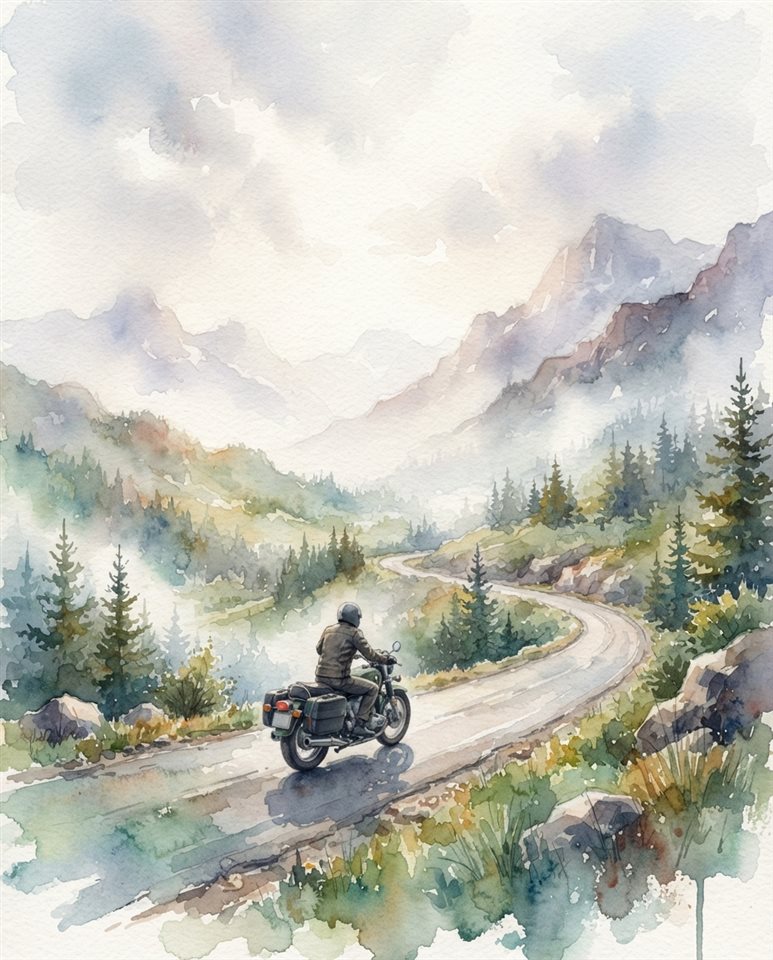 Watercolor illustration of a motorcycle on a mountain road, wide shot with open space at the top for text, misty morning haze, dreamy, 4:5 aspect ratio