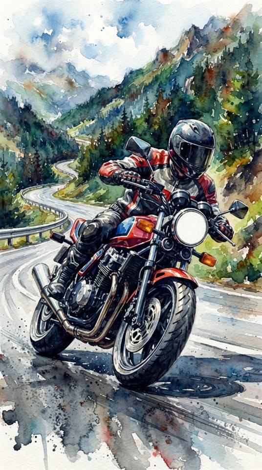 Watercolor illustration of a motorcycle on a mountain road, close-up detail with shallow depth of field, vivid colors, high contrast, energetic, 9:16 aspect ratio