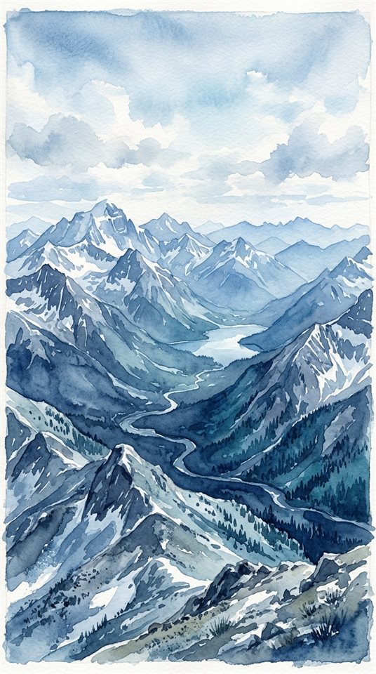山脈的水彩插畫，高角度俯視視角，冷藍色調，寧靜的氣氛，9:16 比例