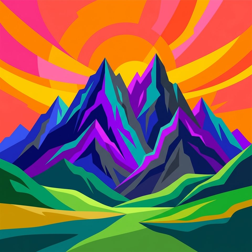 Ilustración plana minimalista de cordillera, sujeto centrado con una composición simple y despejada, colores vivos, alto contraste, enérgico, proporción 1:1