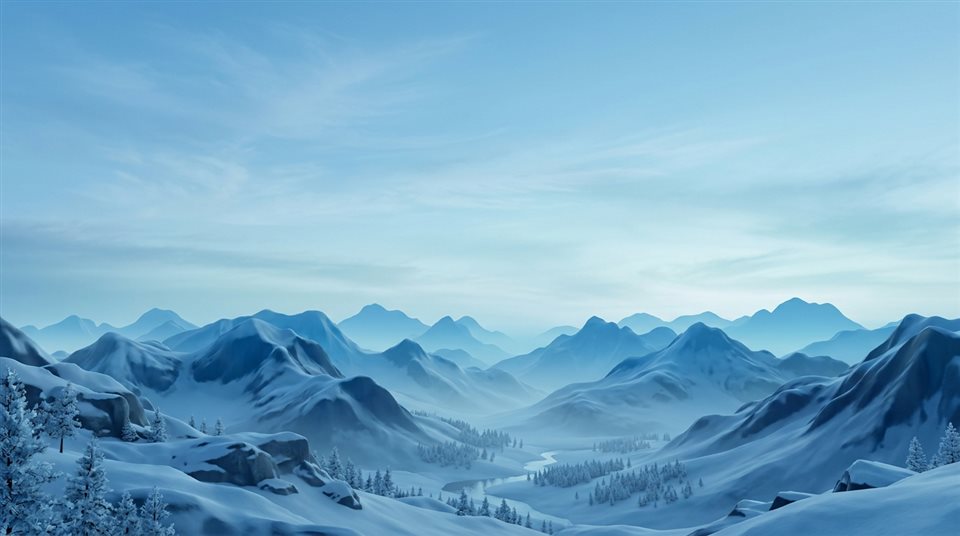 Renderização 3D suave de cordilheira, tomada ampla com espaço aberto no topo para texto, tons de azul frios, atmosfera tranquila, proporção 16:9