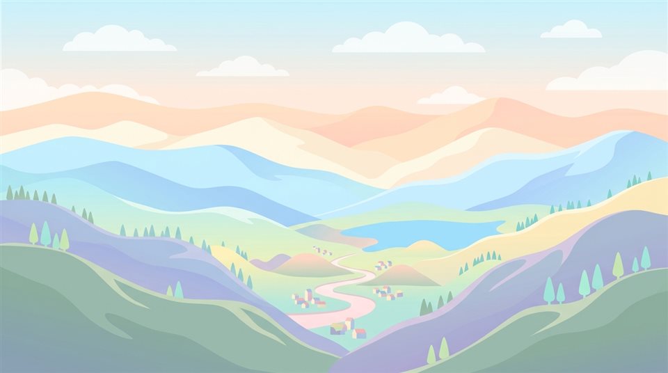 Ilustração plana minimalista de cordilheira, vista de cima em ângulo alto, cores pastel suaves, brilhante e aconchegante, proporção 16:9