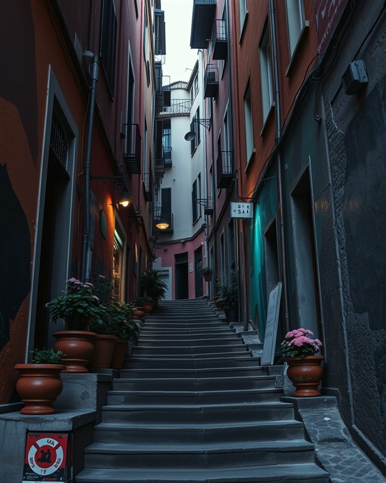 Photorealistic photo of A narrow alleyway flanked by colorful painted walls and flower pots on stone steps, wide shot with open space at the top for text, moody dark tones, dramatic lighting, 4:5 aspect ratio