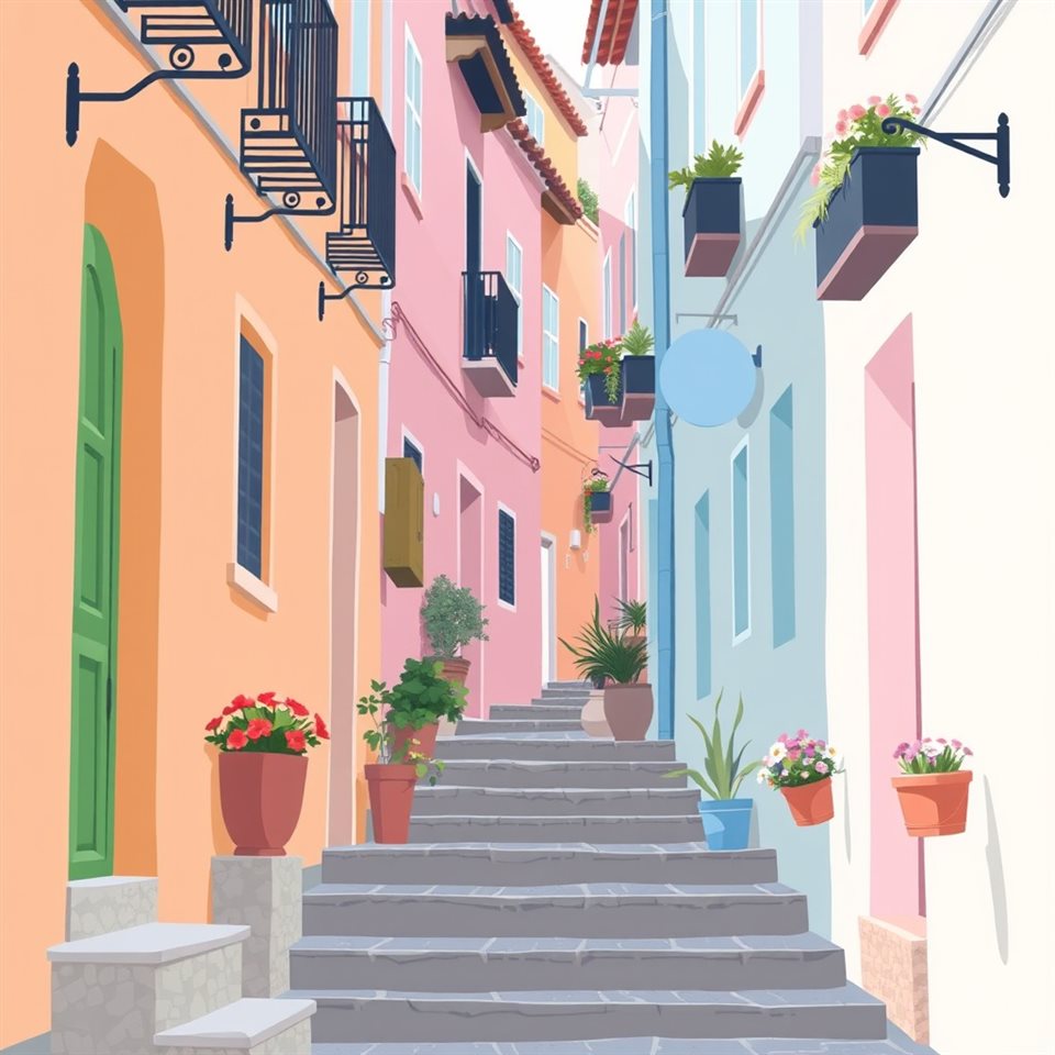Minimal flat illustration of A narrow alleyway flanked by colorful painted walls and flower pots on stone steps, close-up detail with shallow depth of field, soft pastel colors, bright and cozy, 1:1 aspect ratio
