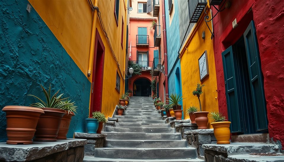 Cinematic film still of A narrow alleyway flanked by colorful painted walls and flower pots on stone steps, centered subject with a simple uncluttered composition, vivid colors, high contrast, energetic, 16:9 aspect ratio