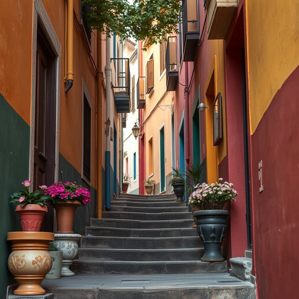 Photorealistic photo of A narrow alleyway flanked by colorful painted walls and flower pots on stone steps, close-up detail with shallow depth of field, warm golden light, calm mood, 1:1 aspect ratio