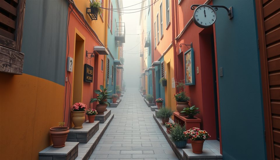 Soft 3D render of A narrow alleyway flanked by colorful painted walls and flower pots on stone steps, high-angle view from above, misty morning haze, dreamy, 16:9 aspect ratio