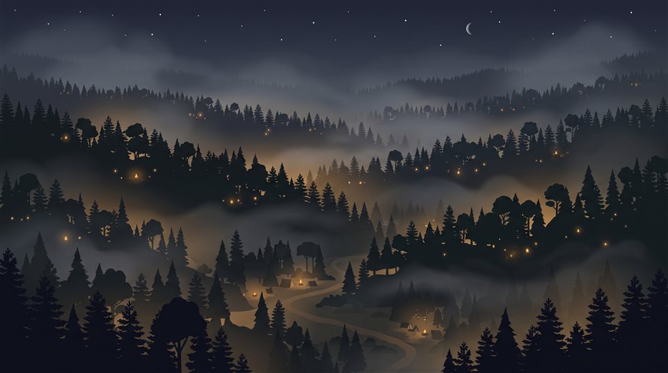夜の暗く霧のかかった森のミニマルなフラットイラスト、上からのハイアングルビュー、温かみのある黄金色の光、穏やかなムード、16:9のアスペクト比