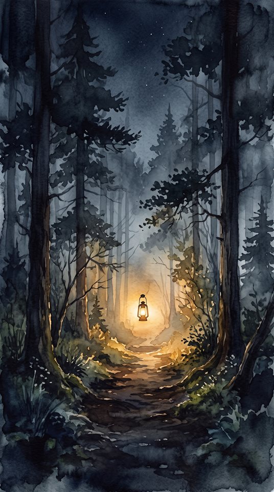 Ilustração em aquarela de floresta escura e enevoada à noite, assunto centralizado com uma composição simples e limpa, luz dourada quente, clima calmo, proporção 9:16