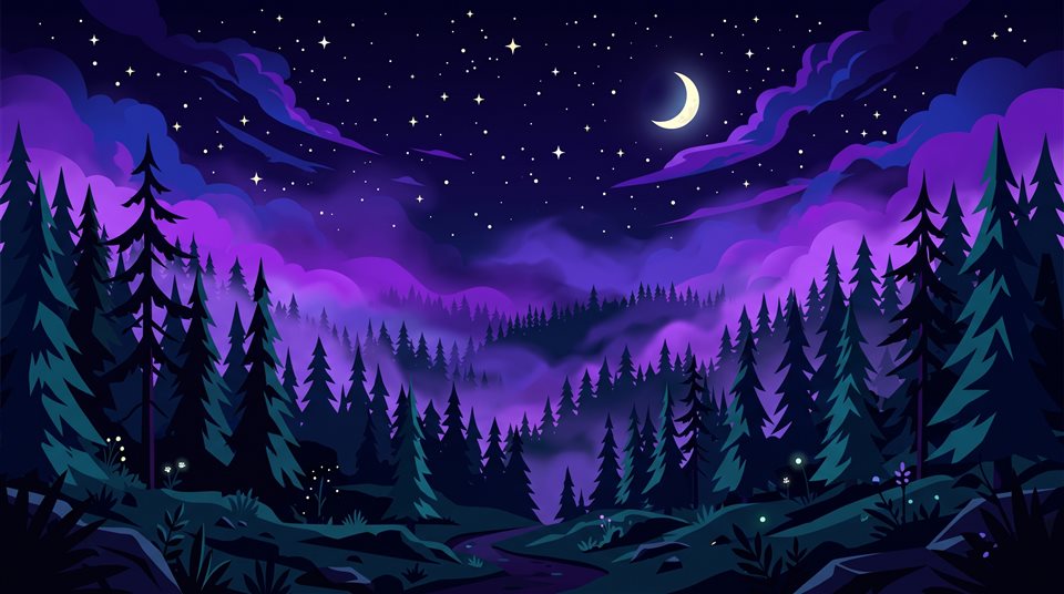 Ilustración plana minimalista de un bosque oscuro y brumoso por la noche, plano general con espacio abierto en la parte superior para texto, colores vivos, alto contraste, enérgico, 16:9 aspect ratio