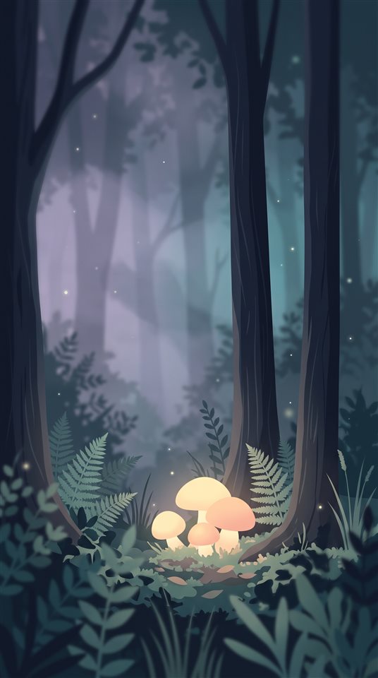 Ilustración plana minimalista de un bosque oscuro y brumoso por la noche, primer plano con poca profundidad de campo, colores pastel suaves, brillante y acogedor, 9:16 aspect ratio