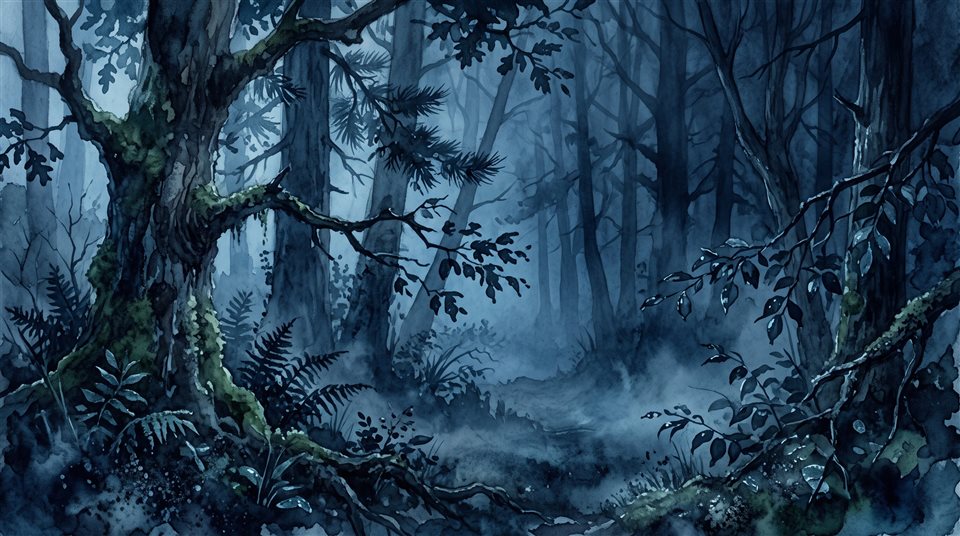 Ilustração em aquarela de floresta escura e enevoada à noite, detalhe em close-up com profundidade de campo rasa, tons azuis frios, atmosfera tranquila, proporção 16:9