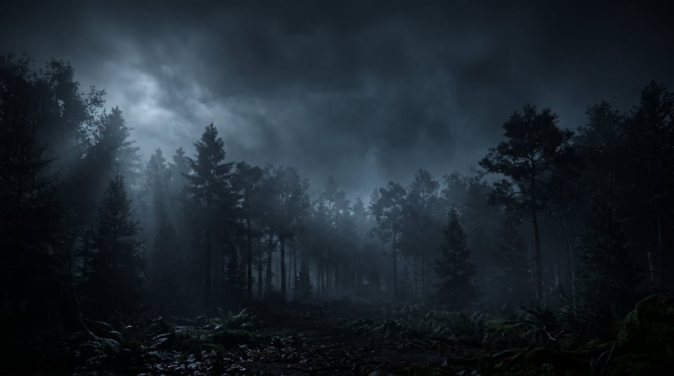 Renderizado 3D suave de un bosque oscuro y brumoso por la noche, plano general con espacio abierto en la parte superior para texto, tonos oscuros melancólicos, iluminación dramática, 16:9 aspect ratio