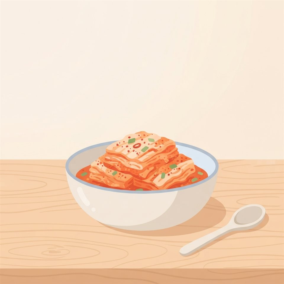 Minimal flat illustration of a bowl of red napa cabbage kimchi on a wooden table, wide shot with open space at the top for text, soft pastel colors, bright and cozy, 1:1 aspect ratio
