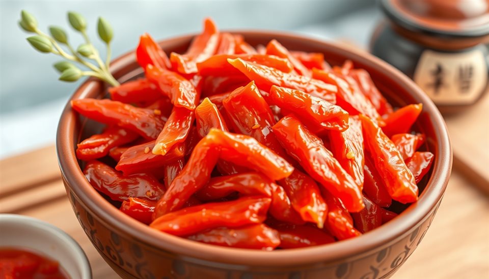 전통 도자기 그릇에 먹음직스럽게 담긴 매콤하고 신선한 빨간 김치, 미니멀 플랫 일러스트, 가까이 담은 디테일, 얕은 심도, 부드러운 파스텔 색감, 밝고 포근한 분위기, 16:9 비율